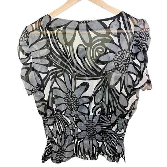 BCBGMAXAZRIA Chiffon Top V-Neck Abstract Black Gray Short Sleeves Neck Tie NWT - Picture 7 of 8